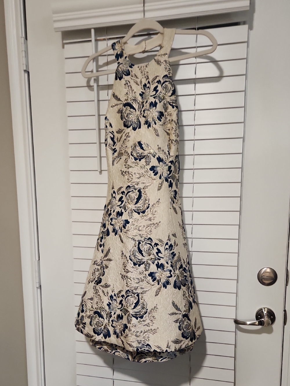 Dress the Population Ivory and Navy Floral Jacquard Halter Dress